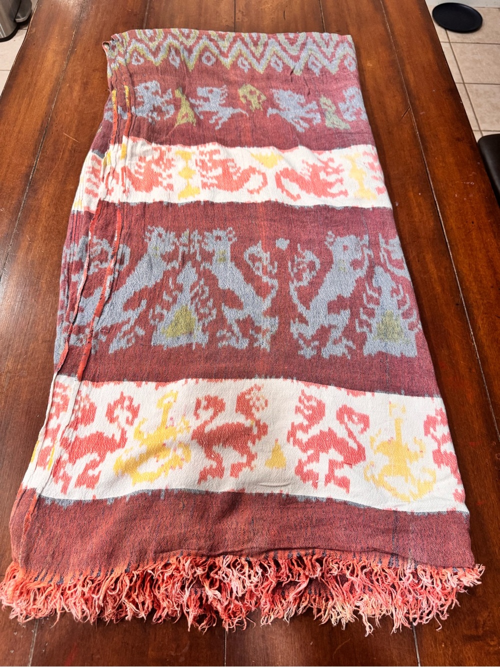 Boho Tribal Cotton Table Blanket Throw – Red & Cream Woven Ikat Pattern 41x82